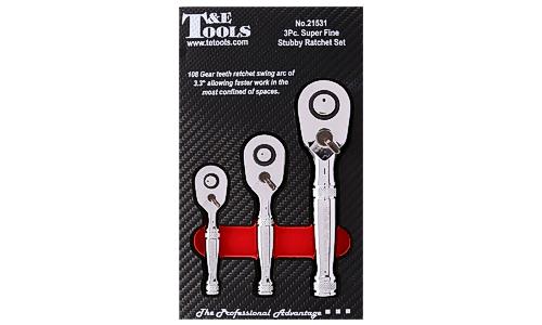 T&E Tools 3Pc. 108 Gear Super Fine Stubby Ratchet Set Made in Taiwan