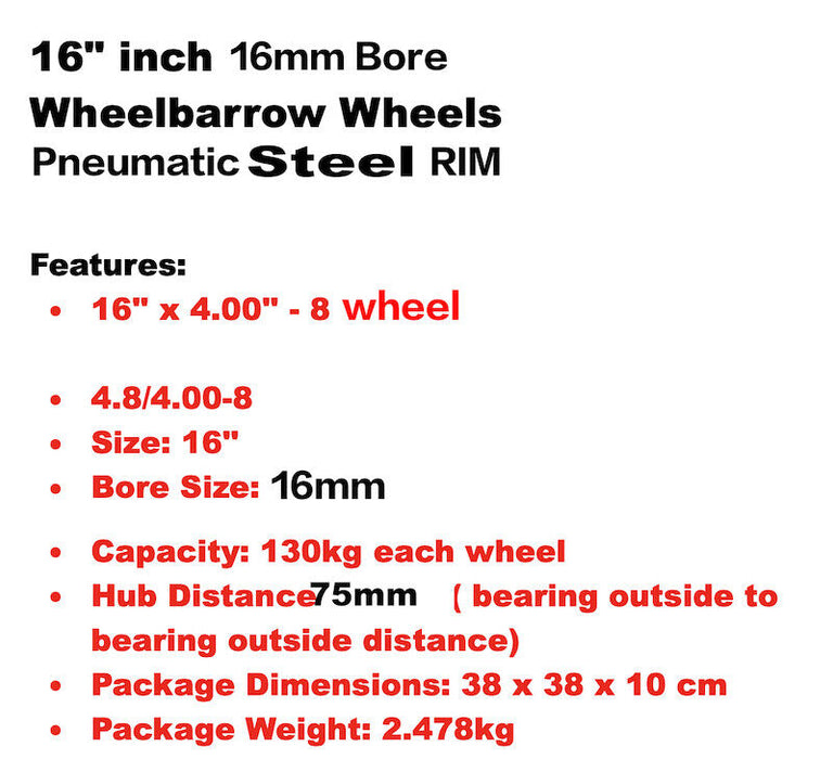 16'' 4.8/4.00-8 16mm bore steel rim heavy duty wheelbarrow wheel trolley  tyres