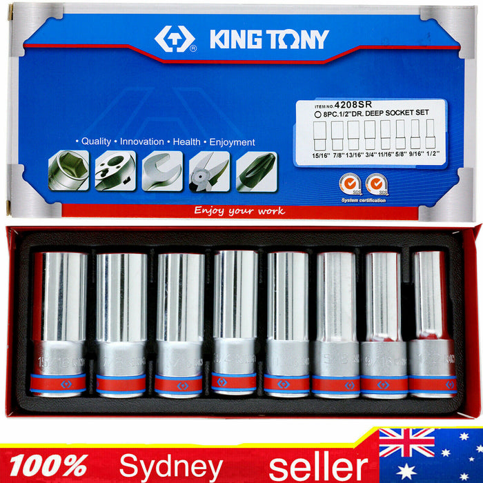 KING TONY 8PC 1/2"DR SAE 12PT Deep Socket Set Made in Taiwan With Metal Case AU