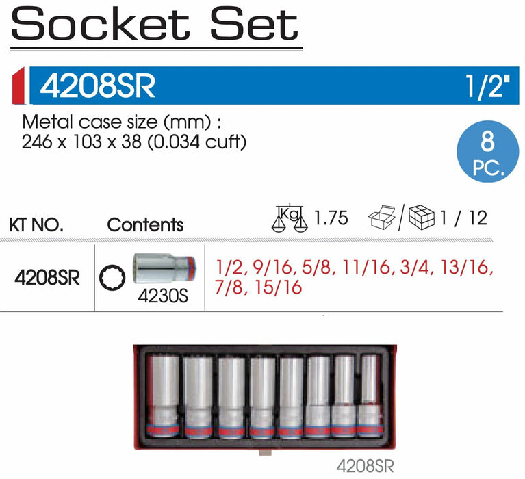 KING TONY 8PC 1/2"DR SAE 12PT Deep Socket Set Made in Taiwan With Metal Case AU