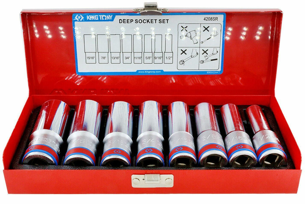 KING TONY 8PC 1/2"DR SAE 12PT Deep Socket Set Made in Taiwan With Metal Case AU