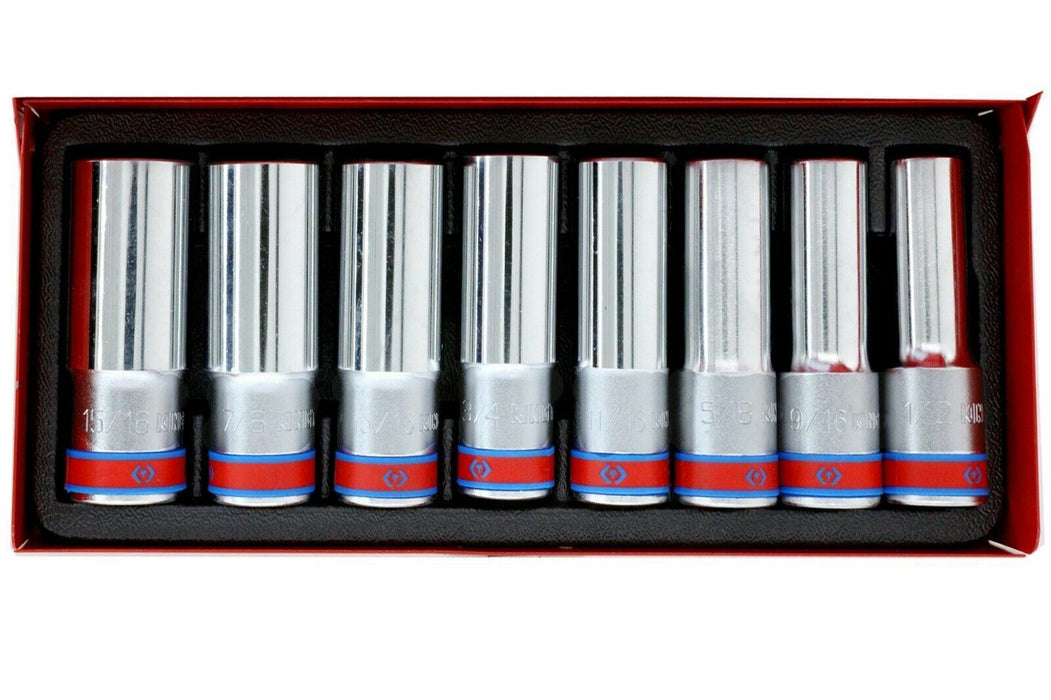 KING TONY 8PC 1/2"DR SAE 12PT Deep Socket Set Made in Taiwan With Metal Case AU