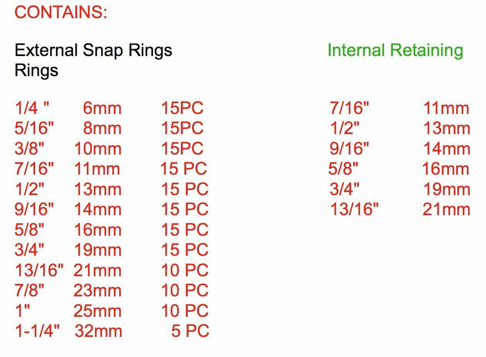225 PC External Internal Lock SNAP RING, Circlip Retaining Ring  Assortment Kit