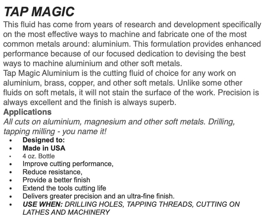 TAP MAGIC cutting drilling and tapping fluid for ALUMINIUM MADE IN THE USA