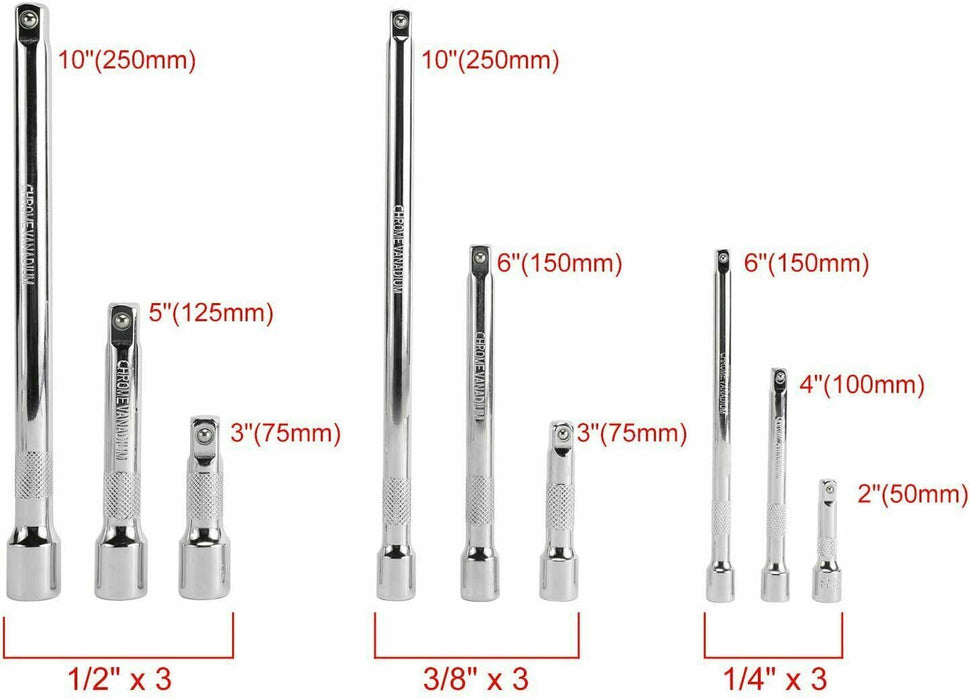 3 Sizes Socket Extension Bar Set 1/4" 3/8" 1/2" Drive Extra Long Ratchet CRV New - FISHER DISCOUNT