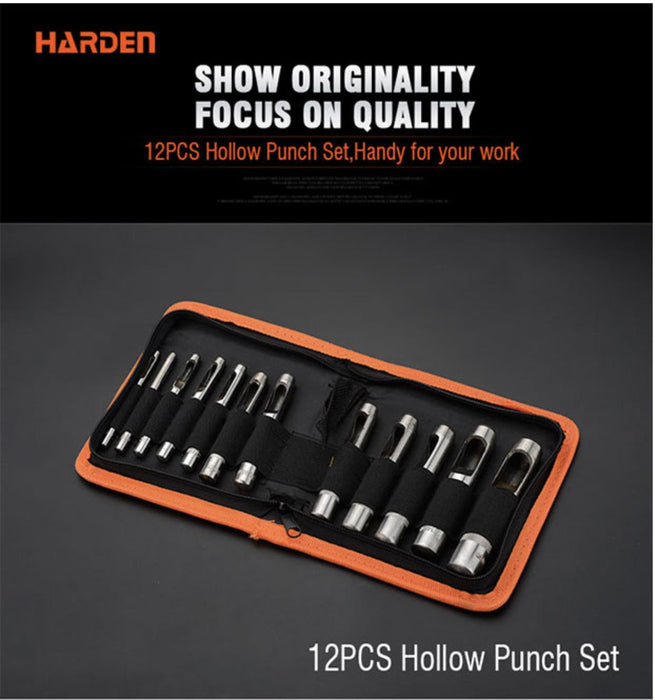 Harden 12Pc Hollow Punch Set Leather Hole Steel Punching 3-16mm Storage Bag