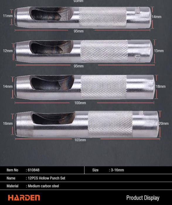 Harden 12Pc Hollow Punch Set Leather Hole Steel Punching 3-16mm Storage Bag