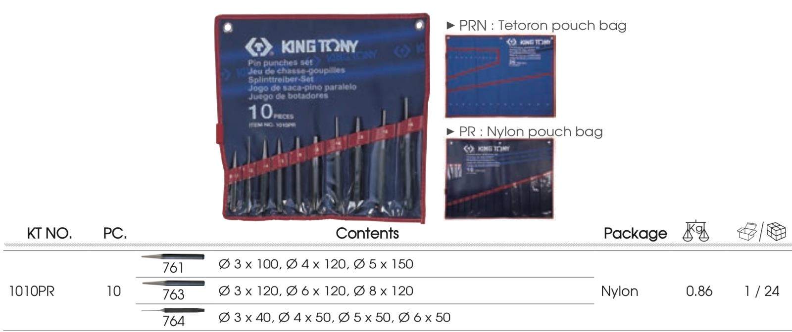 KING TONY Center&Starter&Pin chrome 10 PC. Pin Punch Set Made in Taiwan