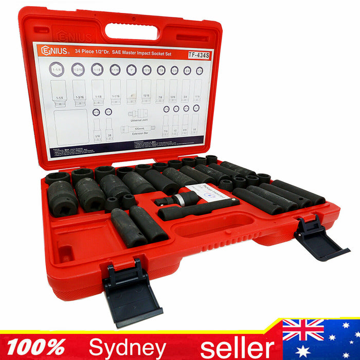 Genius Tools 34PC 1/2" Dr. SAE Master Impact Socket Set Made in Taiwan