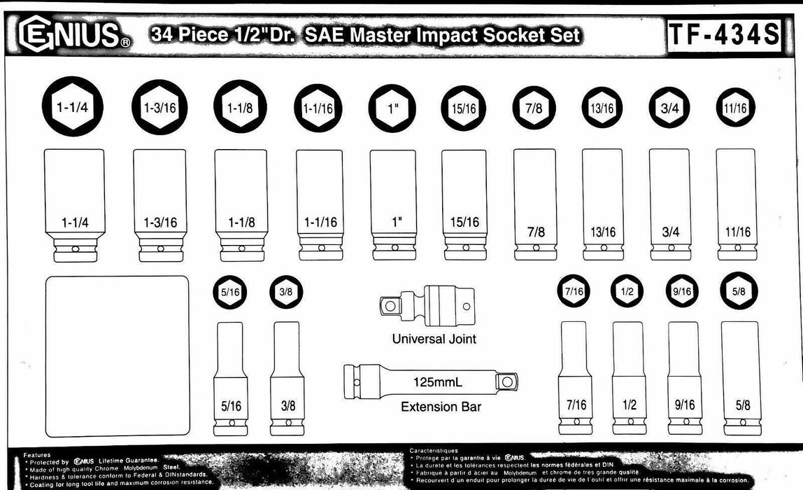 Genius Tools 34PC 1/2" Dr. SAE Master Impact Socket Set Made in Taiwan