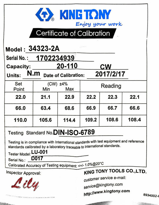 KING TONY 3/8"DR 20~110Nm & 2.04~11.22kgf.m Adjustable Torque Wrench 370mmL