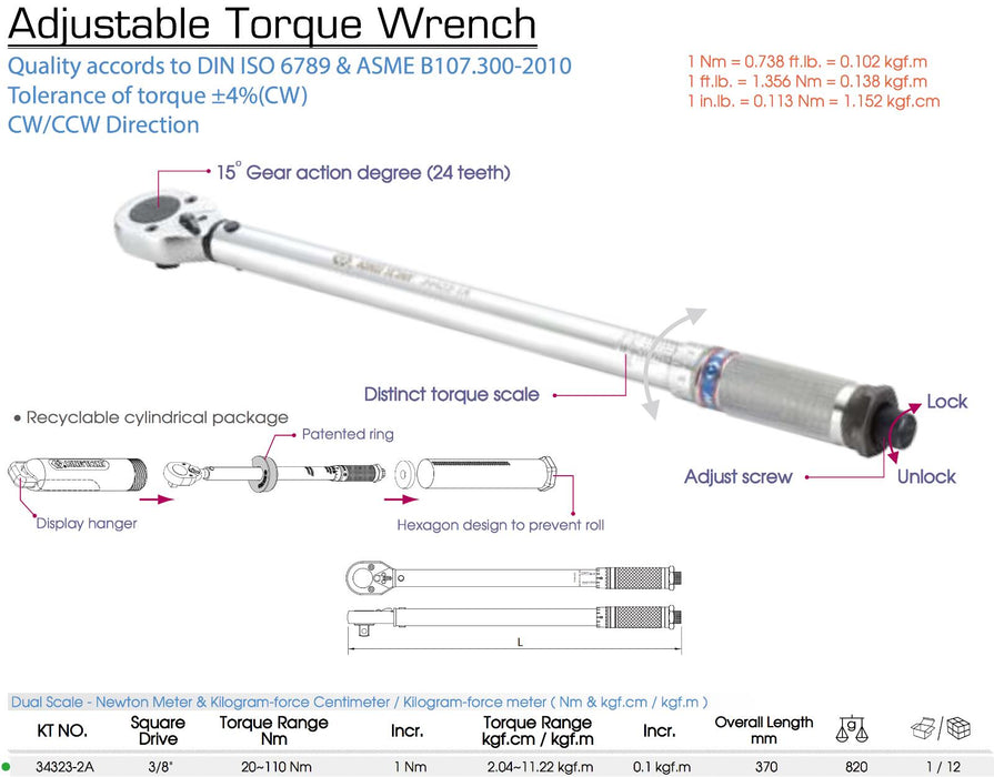 KING TONY 3/8"DR 20~110Nm & 2.04~11.22kgf.m Adjustable Torque Wrench 370mmL