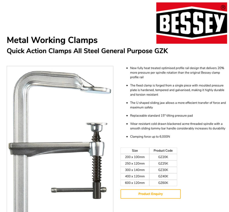 Bessey 250mm Quick Action All-steel screw Metal clamp Made in Germany GZ25K