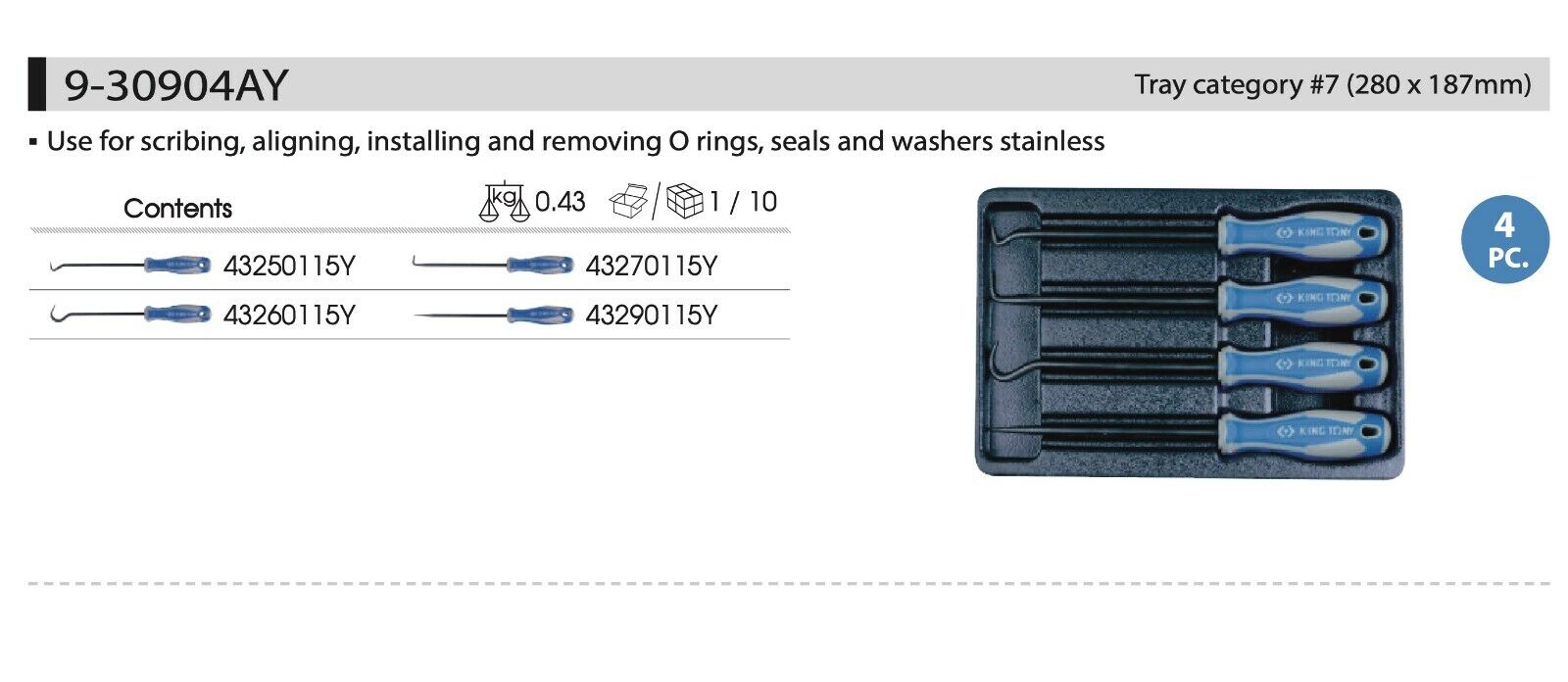 KING TONY 4PC Hook & Pick Set for Trolley Made in Taiwan