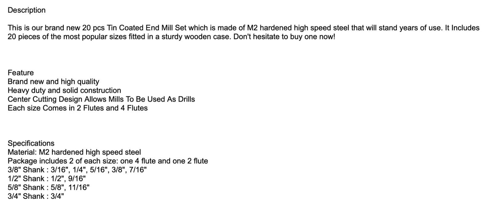 20PC 4 & 2 Flute HSS Titanium Tin Coated Square End Mill Set 3/16"-3/4