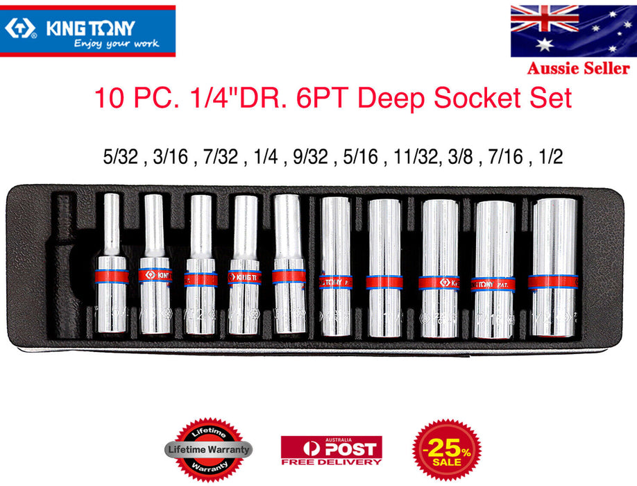 KING TONY 10PC 1/4"DR. 6PT Deep Socket Set Made in Taiwan