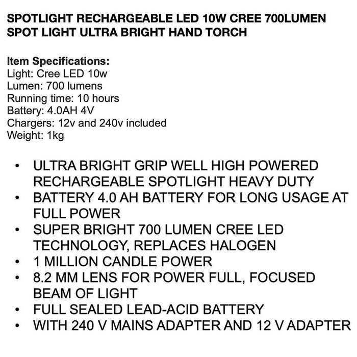 Handheld Spotlight Rechargeable LED10W Cree 700Lumen Spot Light Ultra Bright 1PC