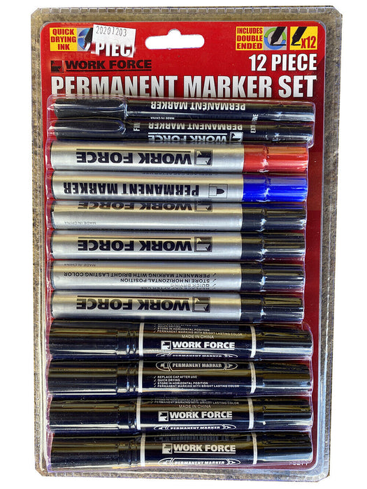 12PC Black Red Blue Permanent Marker Pen Double Ended Quick Dry Set - FISHER DISCOUNT