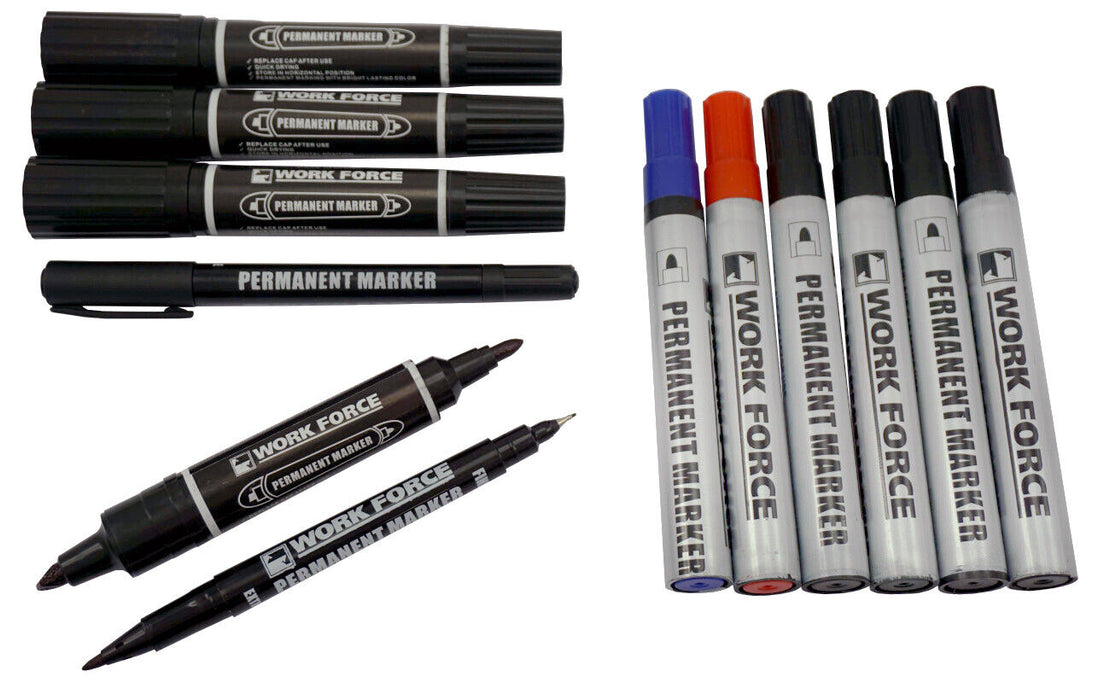 12PC Black Red Blue Permanent Marker Pen Double Ended Quick Dry Set - FISHER DISCOUNT