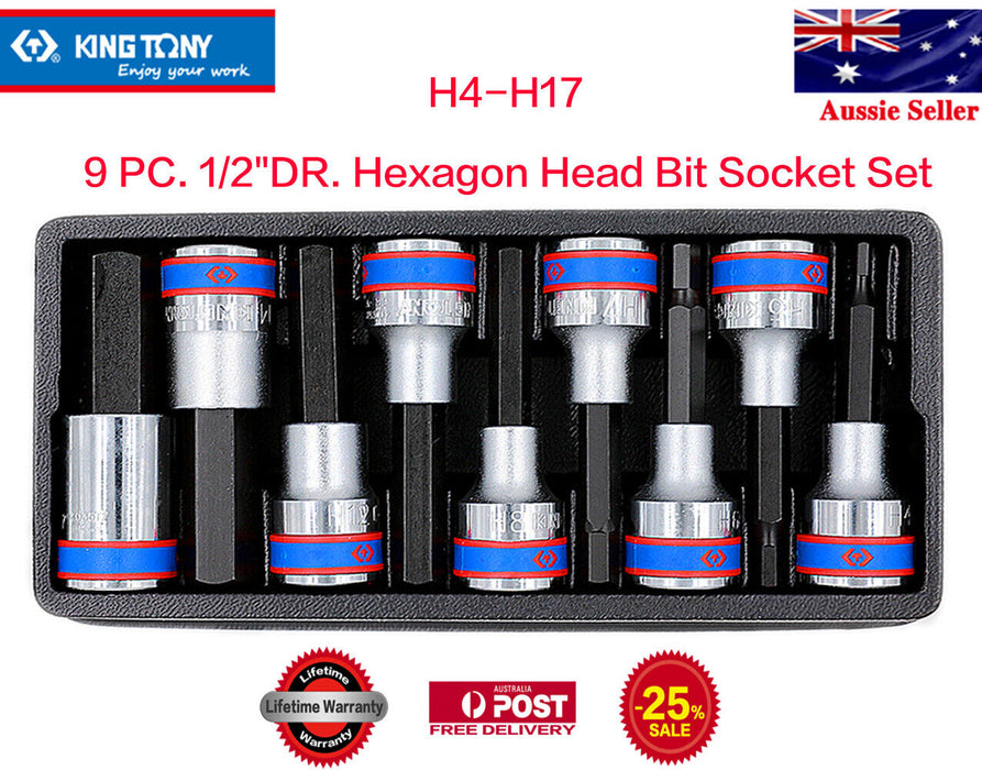 KING TONY 9PC 1/2"DR Hex Head Bit Socket Set Made in Taiwan 4~17mm 80mmL