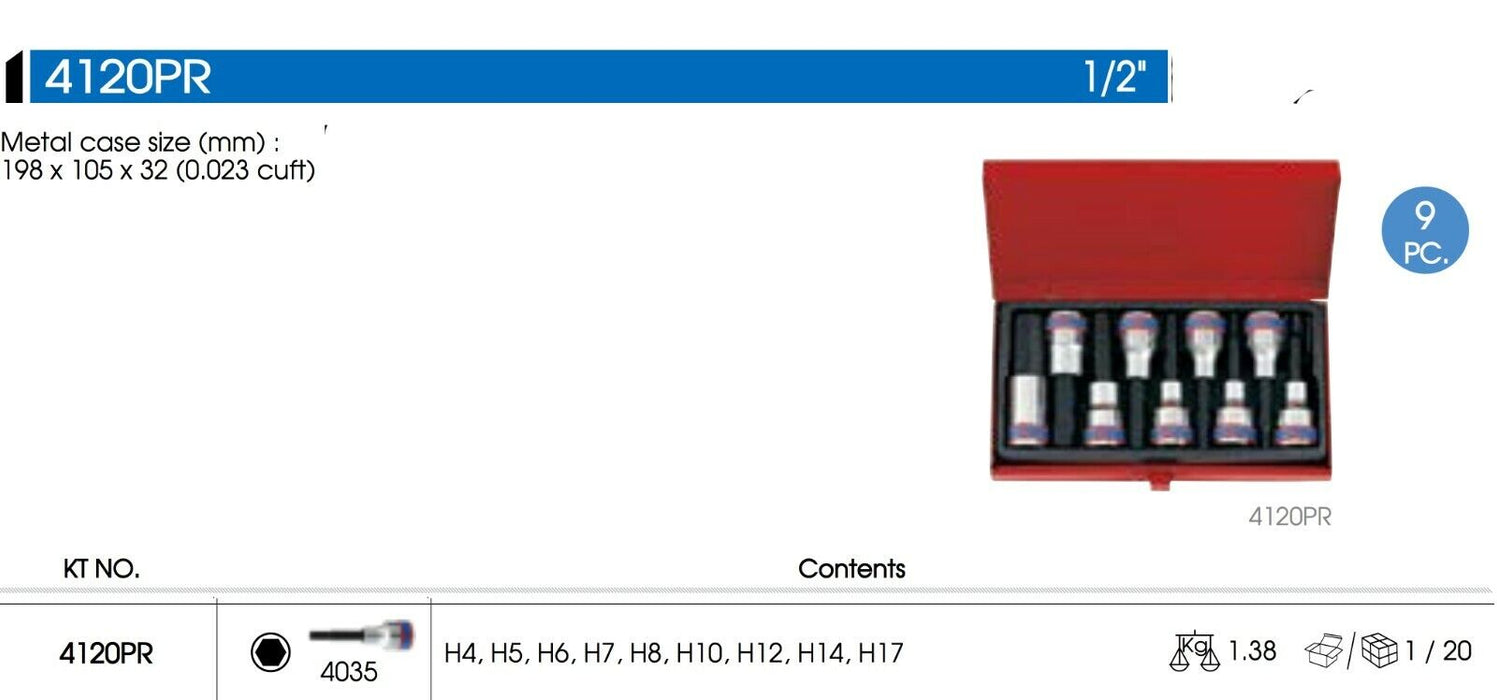 KING TONY 9PC 1/2"DR Hex Head Bit Socket Set Made in Taiwan 4~17mm 80mmL