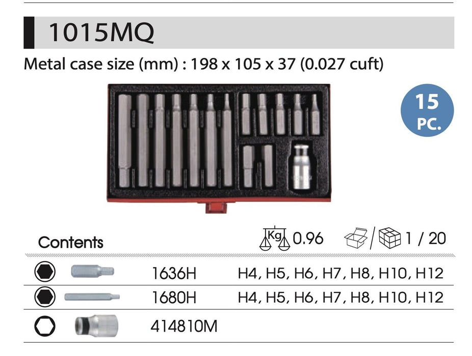 KING TONY 15PC 4-10MM HEX SIZE SHANK HEX BIT SET Made in Taiwan