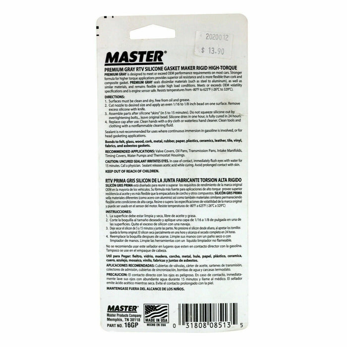 Master Gray Silicone Adhesive Sealant Automotive Metal Rubber 85g Made in USA