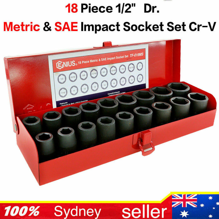 GENIUS TOOLS 18PC 1/2"Dr. Metric & SAE IMPACT SOCKET SET Cr-V Made in Taiwan au
