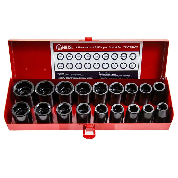 GENIUS TOOLS 18PC 1/2"Dr. Metric & SAE IMPACT SOCKET SET Cr-V Made in Taiwan au