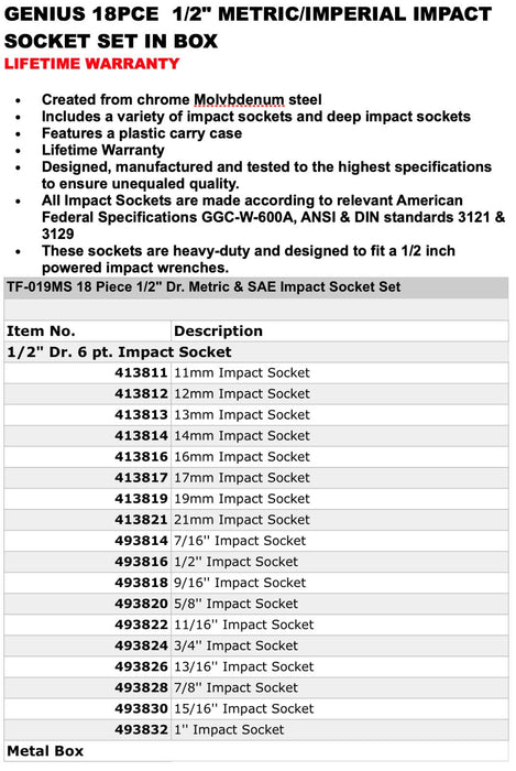 GENIUS TOOLS 18PC 1/2"Dr. Metric & SAE IMPACT SOCKET SET Cr-V Made in Taiwan au