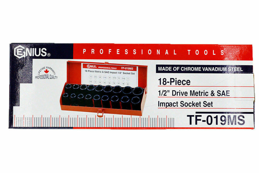 GENIUS TOOLS 18PC 1/2"Dr. Metric & SAE IMPACT SOCKET SET Cr-V Made in Taiwan au