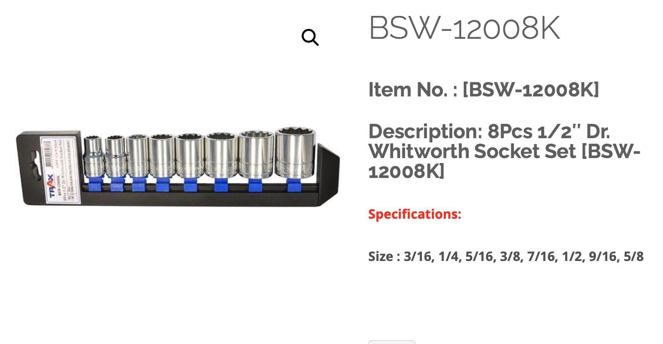 8PCS TRAX BSW-12008K SOCKET SET WHITWORTH  3/16 1/4 5/16, 3/8 7/16 1/2 9/16 5/8