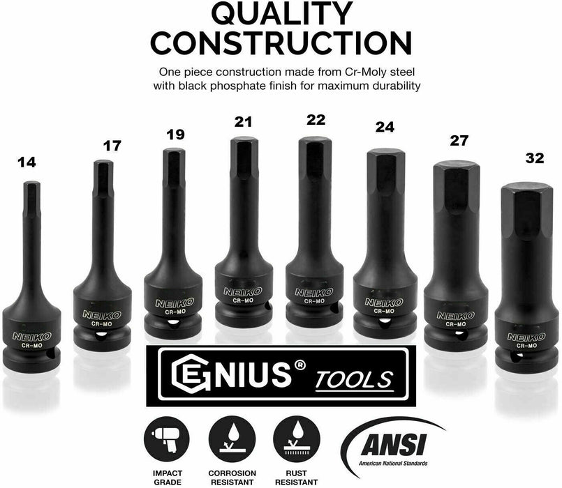 GENIUS 3/4"DR In-hex Hex Bit Socket Set Extra large METRIC Made Taiwan 14-32mm