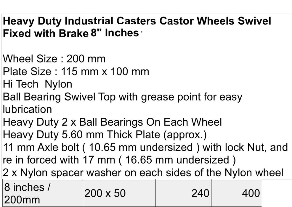 8"Heavy Duty Nylon Caster Castor Wheel Swivel Fixed Brake Ball Bearing