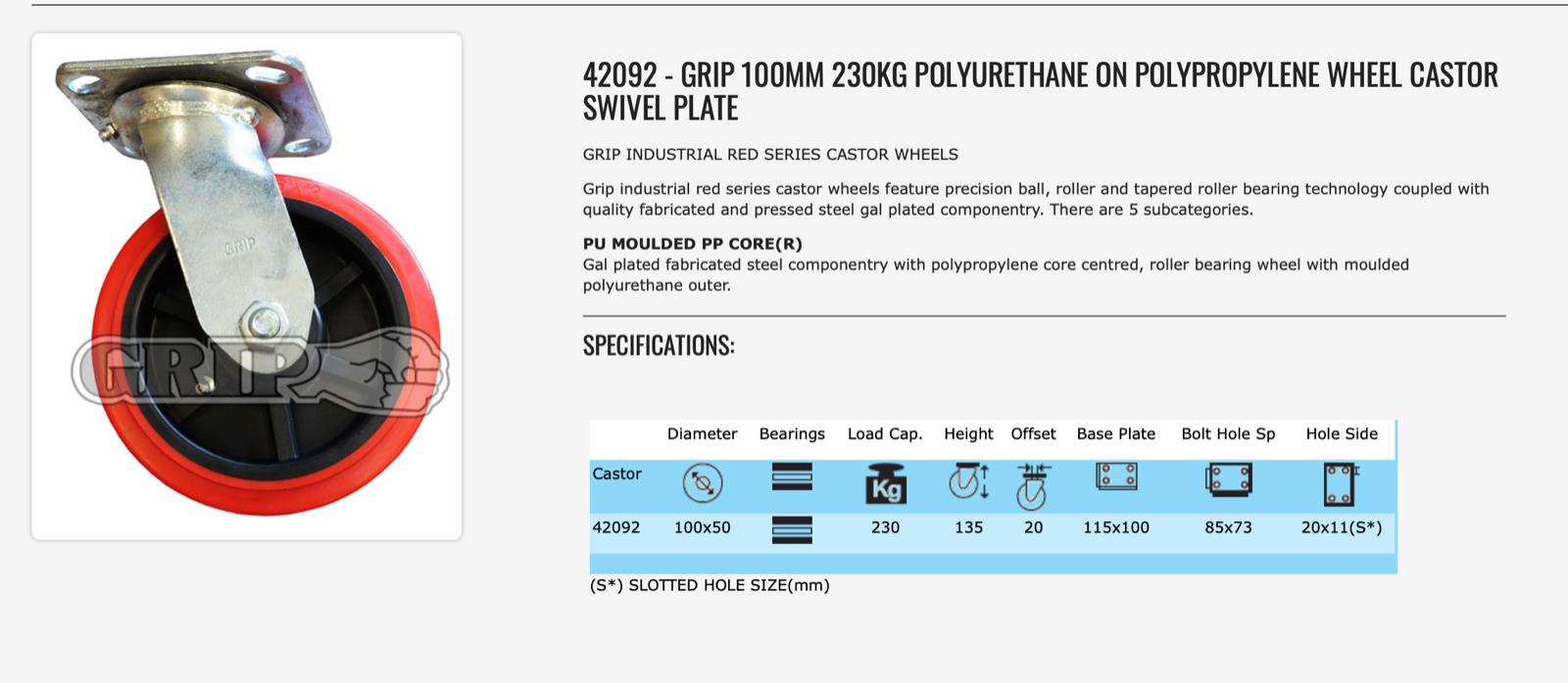 2PC GRIP 100MM 230KG POLYURETHANE ON POLYPROPYLENE WHEEL CASTOR SWIVEL PLATE