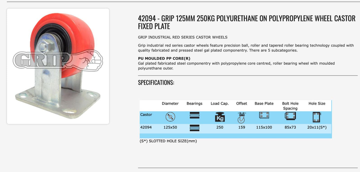 2PC GRIP 125MM 250KG POLYURETHANE ON POLYPROPYLENE WHEEL CASTOR FIXED PLATE