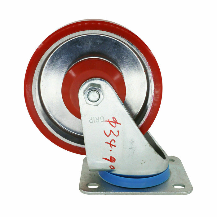 2PC GRIP 125MM 250KG POLYURETHANE ON ALUMINIUM WHEEL CASTOR SWIVEL PLATE