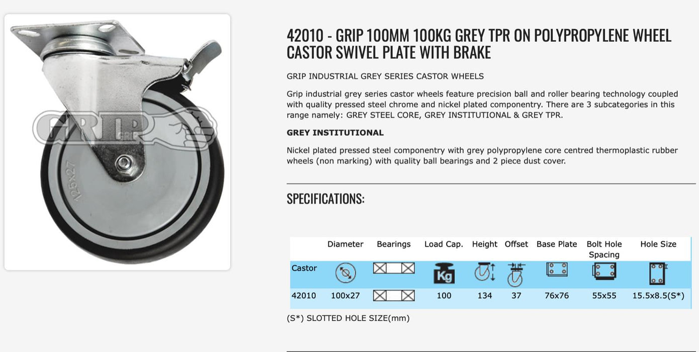 2PC 100MM 100KG GREY TPR ON POLYPROPYLENE WHEEL CASTOR SWIVEL PLATE WITH BRAKE