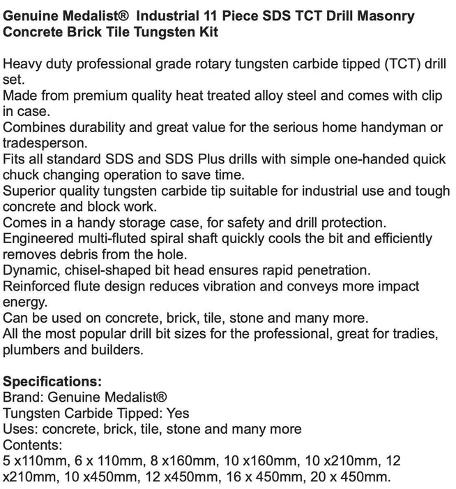 11pc SDS + TCT Hammer Drill Bits Set Tungsten Carbide Tip  Medalist alloy steel