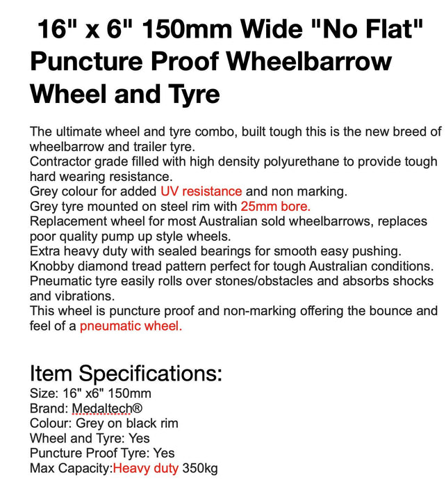 16" SOLID TYRE WHEELBARROW WHEELS FLAT FREE PUNCTURE PROOF 1"(25.4mm) 6.5"-8"