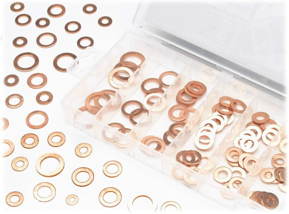 110pcs Copper Washer Gasket Set Flat Ring Seal Assortment Kit Box M5-M16 - FISHER DISCOUNT