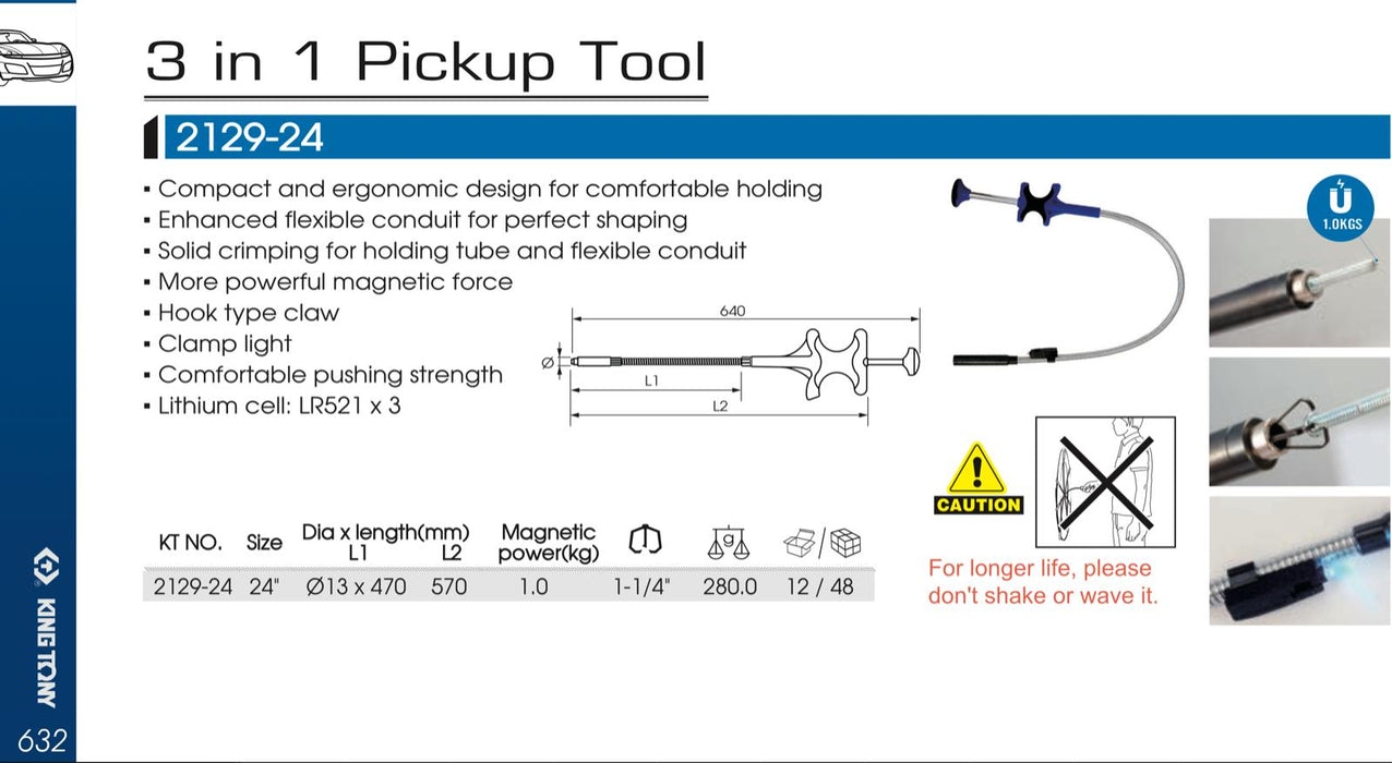 KING TONY 3in1 Pickup Tool magnetic Hook Clamp light  flexible crimping  570mmL