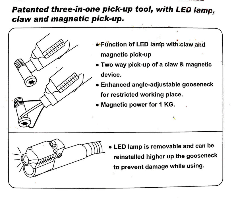 KING TONY 3in1 Pickup Tool magnetic Hook Clamp light  flexible crimping  570mmL