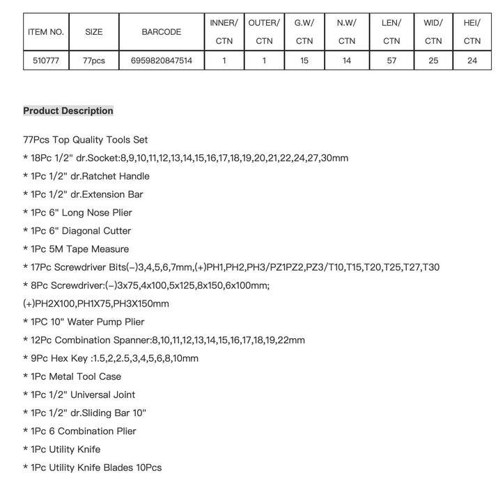 Harden 77 PC Hand Tool KIT DIY Toolkit Mechanics Spanner Socket Plier 510777