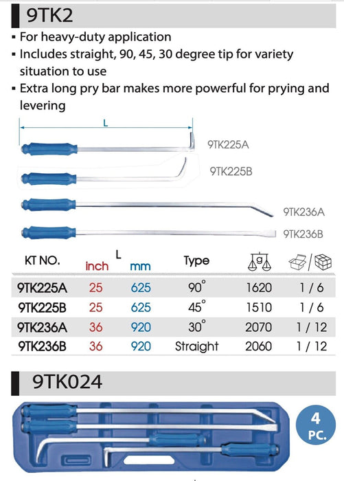 KING TONY 4PC Jumbo Pry Bar Set Made in Taiwan 90° 45° 30° Straight 625-920MML