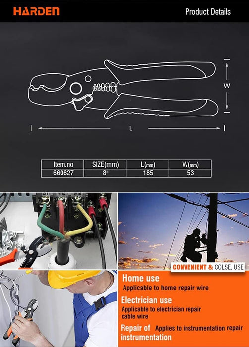HARDEN 8" PROFESSIONAL SELF-ADJUSTING AUTOMATIC CABLE STRIPPER CUT & STRIPPING