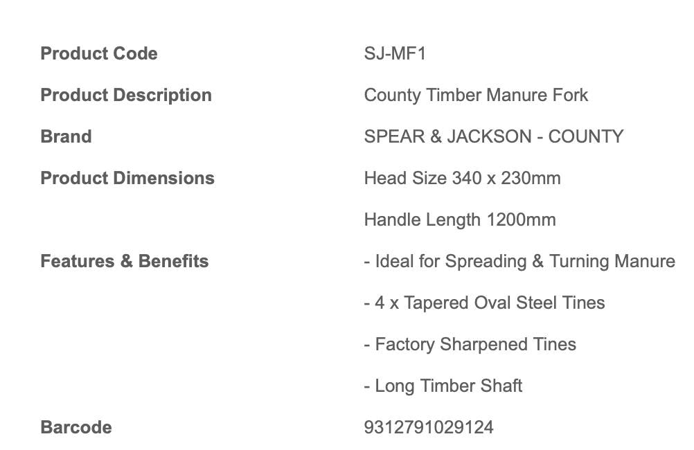 Spear & Jackson 4 TINE County Timber Manure Fork 1200mmL turning manure