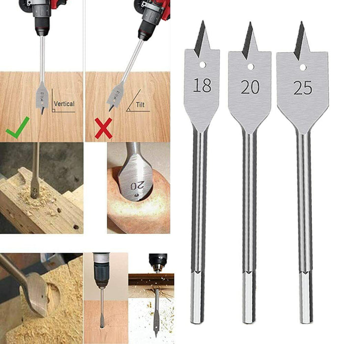 11Pc Spade Drill Bit Set & Extension Flat Wood Boring With Hex Key 6-25mm