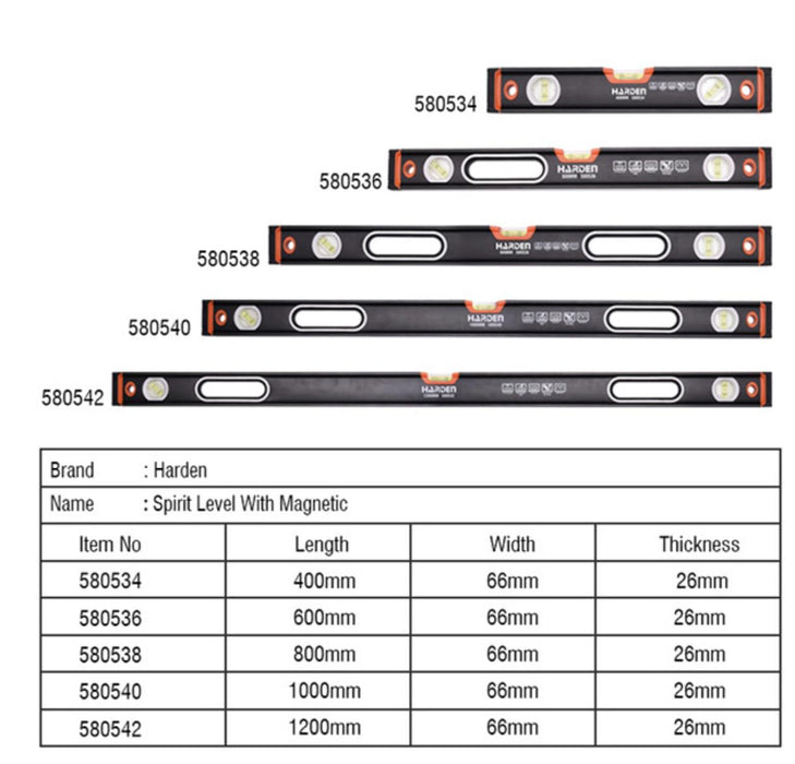 Harden Heavy duty aluminium Spirit Level with Magnetic 400-1200mm 90 °,180°,45°