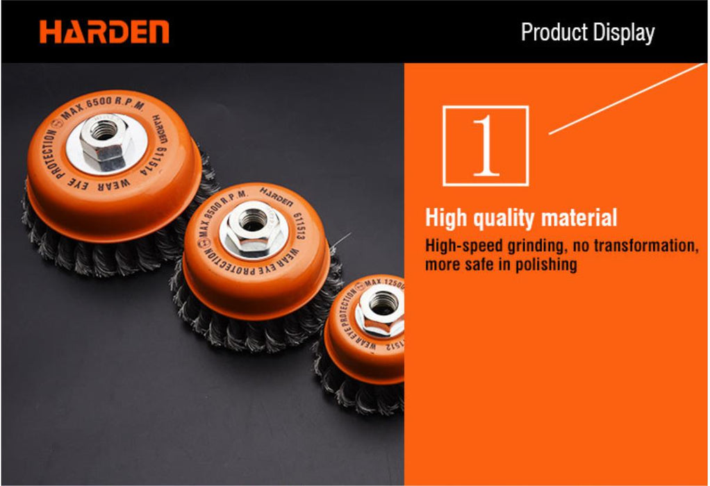 Harden 125mm TWIST WIRE KNOT SKIRTED CUP WHEEL BRUSH STEEL ANGLE GRINDER M14